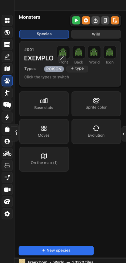 Seção MONSTROS no iPhone: a espécie EXEMPLO com sprites e cards